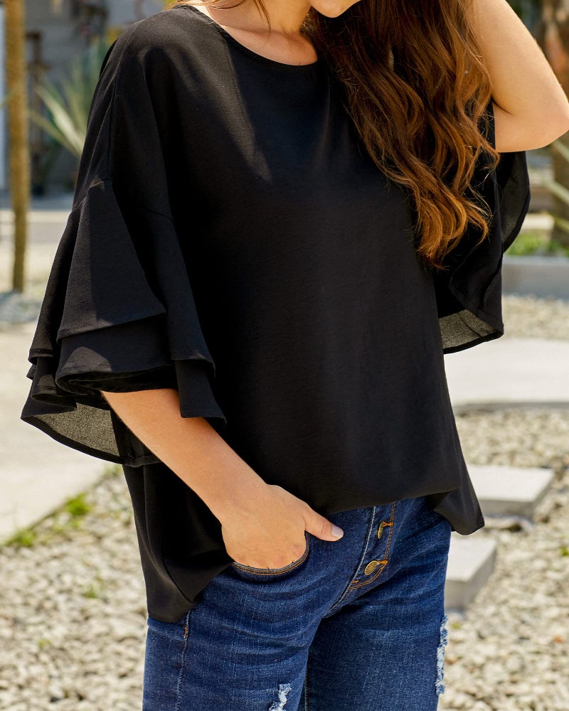 luvamia Women's Black Casual 3/4 Tiered Bell Sleeve Crewneck Loose Tops Blouses Shirt Size XXL - Image 4